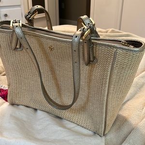 Gently used Tory Burch straw satchel with duster for storage
